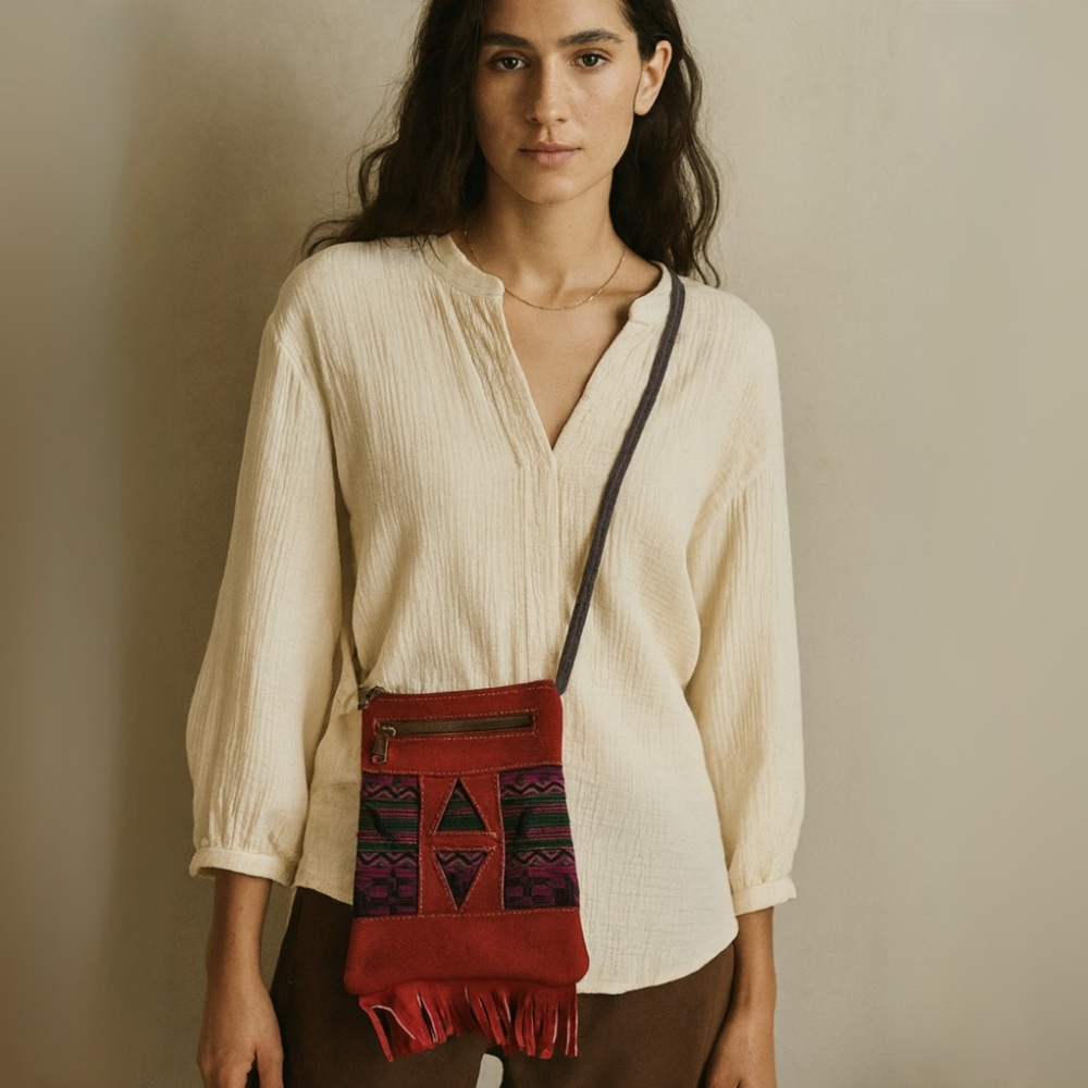 NWT Fair Trade Suede Fringe Boho Crossbody Festival Artisan Woven Bag